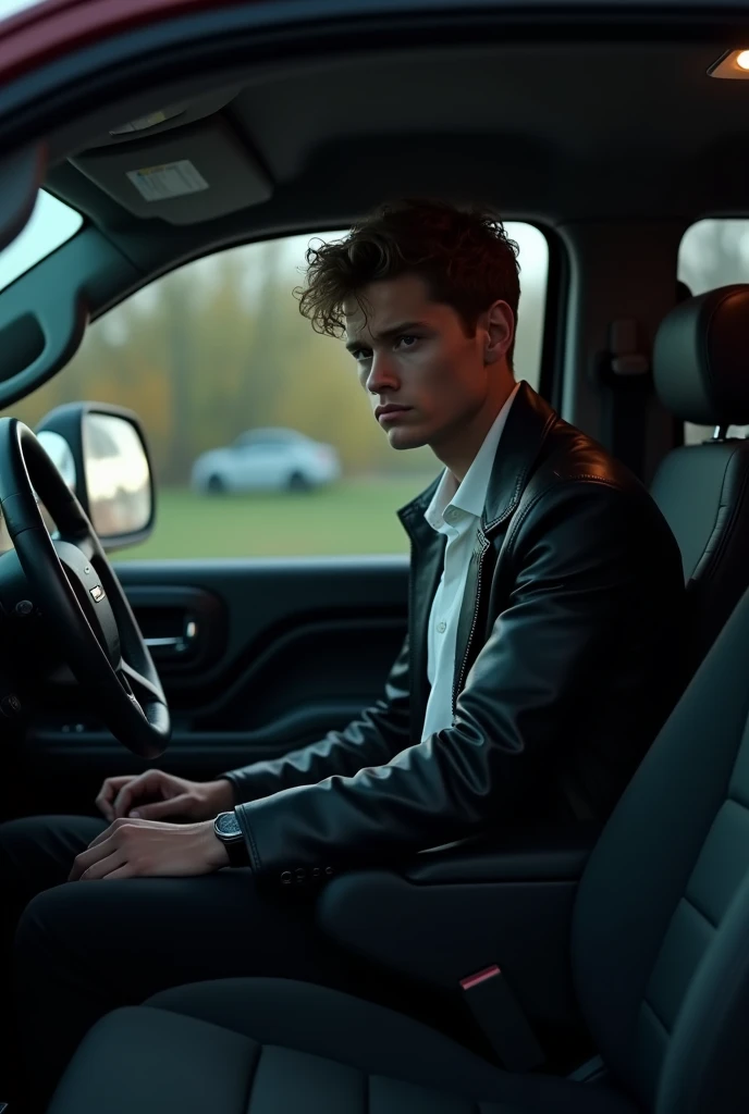 Lucas Till: Sitting upright in the driver’s seat, leaning slightly forward, hands gripping the steering wheel. 
Dress: 
Lucas Till, black leather  jacket over white formal shirt,  black leather pants 
Expression: 
Lucas Till: Frustrated
Camera Angle and Sh...