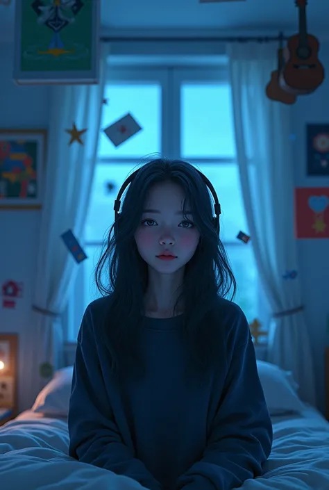 girl listening to music in her room and all the things around her are floating, Masterpiece, HD Model, High Quality, Detail, black sweatshirt, blue environment 