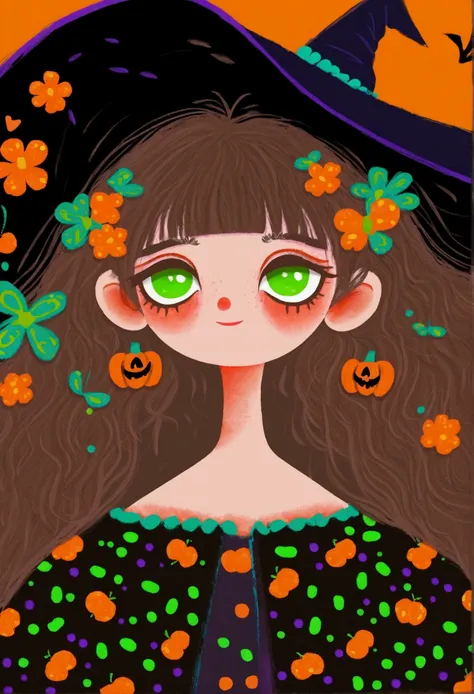 A painting，Pastel Art：Halloween。Girl wearing witch hat。。Big green eyes，Short hair，lol，teeth。Lovely的艺术风格, Lovely细致的数字艺术, Lovely的数字艺术, Lovely的艺术品, 卡哇伊写实portrait, Change, Lovely的数字, Lovely。portrait, Benefits, Lovely的角色, Lovely 多彩 Lovely
绿色背景