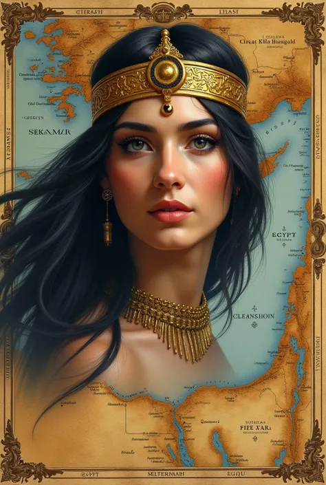 Cleopatras royal portrait blending into a map of Egypt and Greece, highlighting the Ptolemaic dynastys Greek origins.

