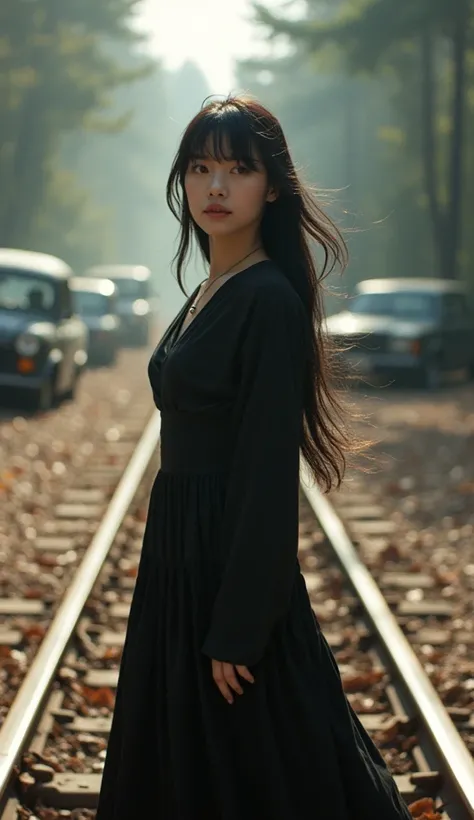 Close Up Photography, Focal Length 56mm, f1,2, Lomo Tones, wanita cantik japanese, 20 years old, rambut poni sisi
lurus, blown by the wind,wearing a long black dress, standing in a graceful pose on the train tracks in the middle of the forest, with dry lea...