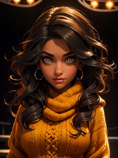 a young woman in her 20s, standing on a stage, wearing a brown sweater and a black scarf, beautiful detailed yellow eyes, beautiful detailed lips, an extremely detailed face, long eyelashes, natural hair attached, the young woman looks at her pubic, dynami...