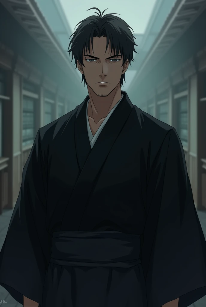 A man 30-40 year old, Black Hair, black Kimono Short Hair,Serious, Anime, 