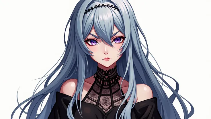 Woman with long blue hair,purple eyes,blue eyebrows and eyelashes,black clothes,grumpy face 