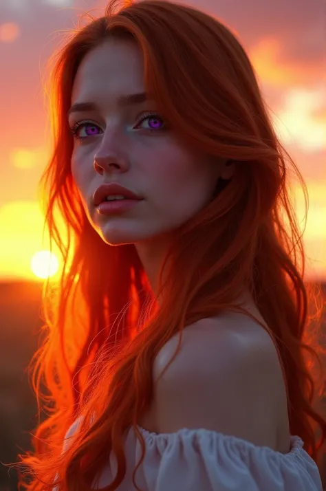 Image of a  girl with red hair, side face violet eyes in during sunset