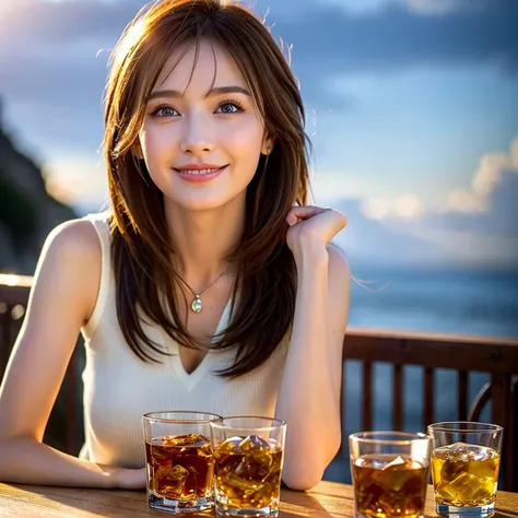 (Realistic, 超Realistic:1.4), 16K HDR, High resolution,((Whiskey Glass)),((Whiskey Bottle))、Brown short hair,The best smile、Japanese Actress,Super Beauty(Like the real thing),Short sleeve dress,Whiskey Bottle、The Macallan、Johnnie Walker、、Old Parr、whiskey、Su...