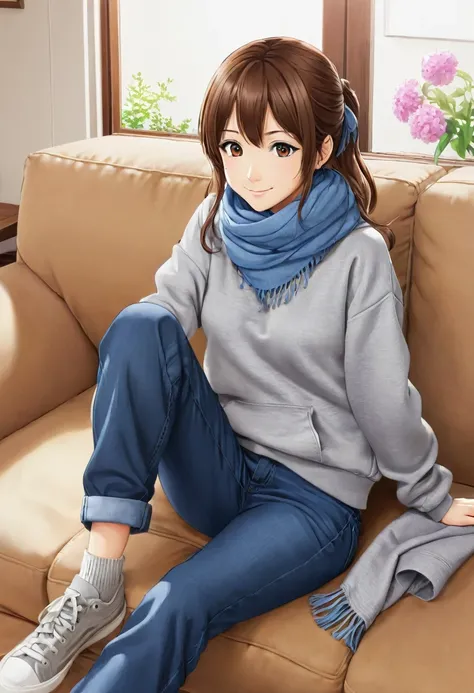 Bell, anime, Brown Hair, Medium chest, Brown eyes, A light smile, jeans, scarf, Grey sweatshirt, Blue trousers, Sitting, Sitting cross-legged, In the smart home, Sitting on the couch, Asada Shino&#39;s face, anime Sword Art Online, Best Quality