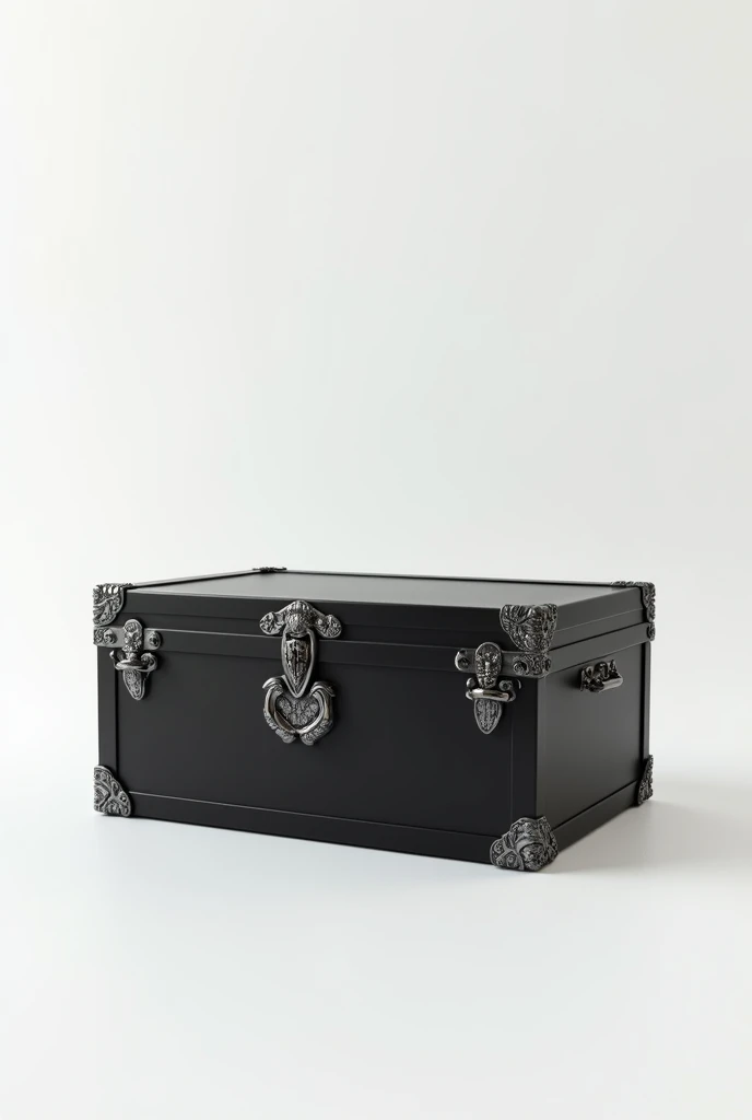 Empty black trunk with silver clasps on white background