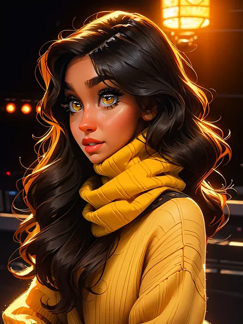 a young woman in her 20s, standing on a stage, wearing a brown sweater and a black scarf, beautiful detailed yellow eyes, beautiful detailed lips, an extremely detailed face, long eyelashes, natural hair attached, the young woman looks at her pubic, dynami...