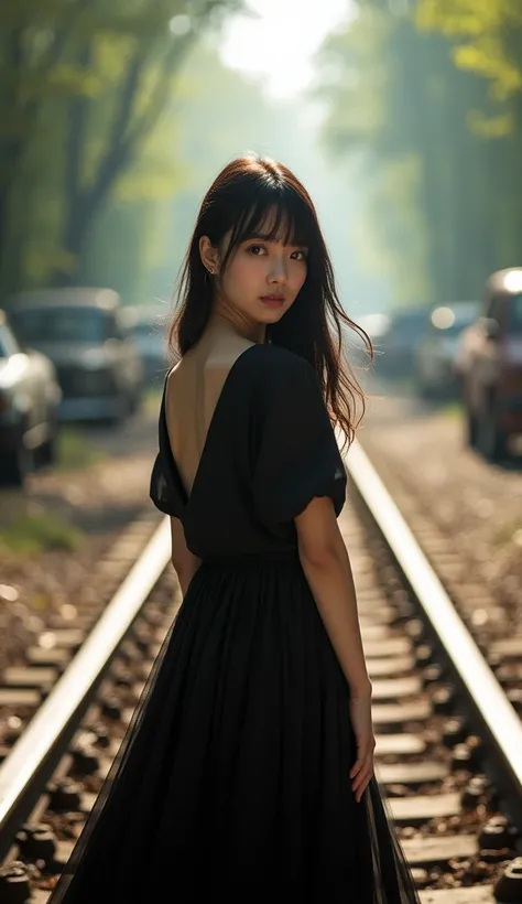 Close Up Photography, Focal Length 56mm, f1,2, Lomo Tones, wanita cantik japanese, 20 years old, rambut poni sisi
lurus, blown by the wind,wearing a long black dress, standing in a graceful pose on the train tracks in the middle of the forest, with dry lea...