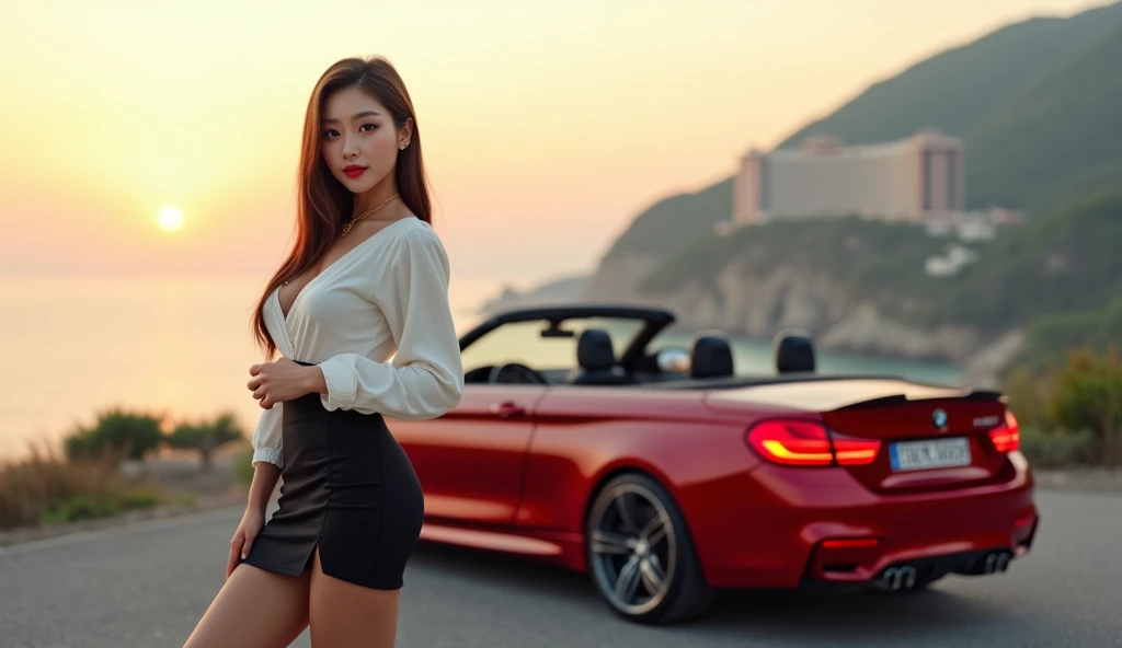 ((masterpiece:1.3)), (photorealism:1.3), extremely detailed texture, best quality, 16k, detailed background, 1 beautiful Korean woman, long light brown straight hair, heavy makeup, big eyes, double eyelids, long eyelashes, sharp nose, slim face, red lips, ...