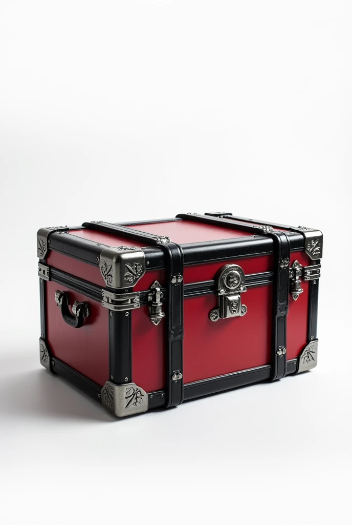 Empty black and red trunk with silver clasps on a white background