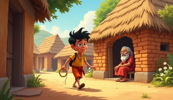 Cartoon animations  *Prompt:* "Ramu walks through a small village with clay houses, holding the gold ring carefully. He approaches the village chief’s house, a modest structure made of bricks with a thatched roof. The chief, an elderly man with a wise expr...