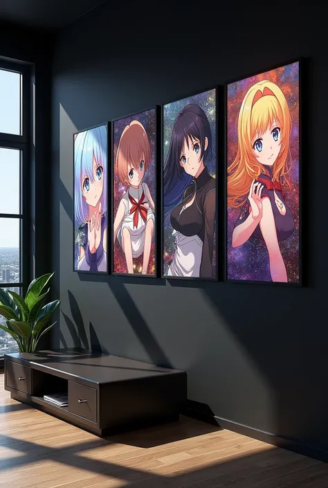 Small Multiple Anime posters on black wall with light from opposite direction 