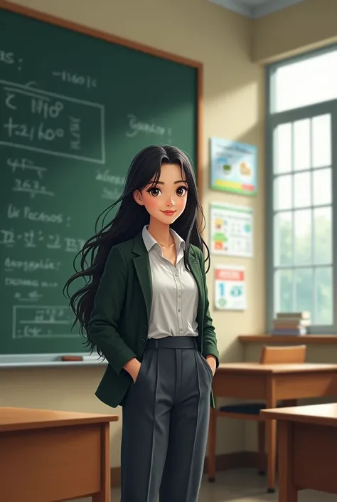 a young teacher with long black hair near the blackboard at school