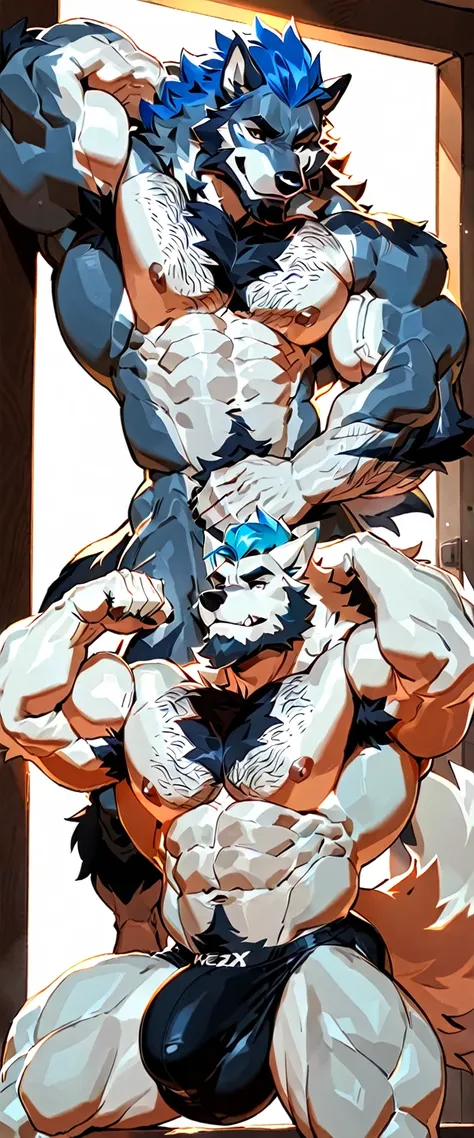 full body, huge bulge, hairy armpits, bara wolf, strong physique, very muscular, perfect anatomy, masterpiece, black beard, black eyes, strong jaw, giant biceps, shirtless, hairy pectorals, duo, great lighting, kissing a muscular white fox with blue hair