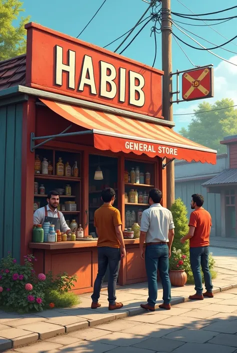 In a general store shop there are 1 shopkeeper and 3 customers out side and the name of the shop is Habib General Store shot out on the road