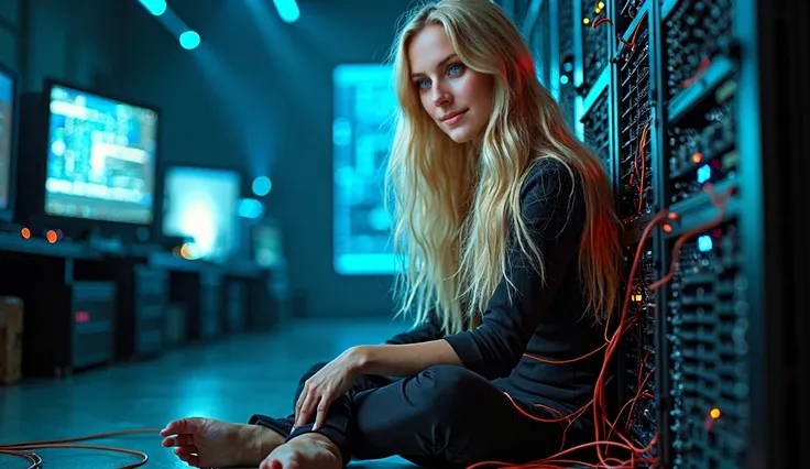 from face, low angle, wires and circuit boards are part of her body, coming from the server as if she were physically linked to it and part of it, shes sitting on the floor, all her body, full view of a woman 30 years old, very long blond hair and blue eye...