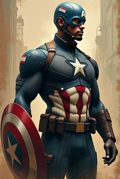 Bansky style African black skin Captain America, with captain America style helmet, looking sideways, movie poster, cinematic shot, masterpiece, highly detailed, 8K, octance render, photorealistic, Best quality, highres, UHD, depth of field 