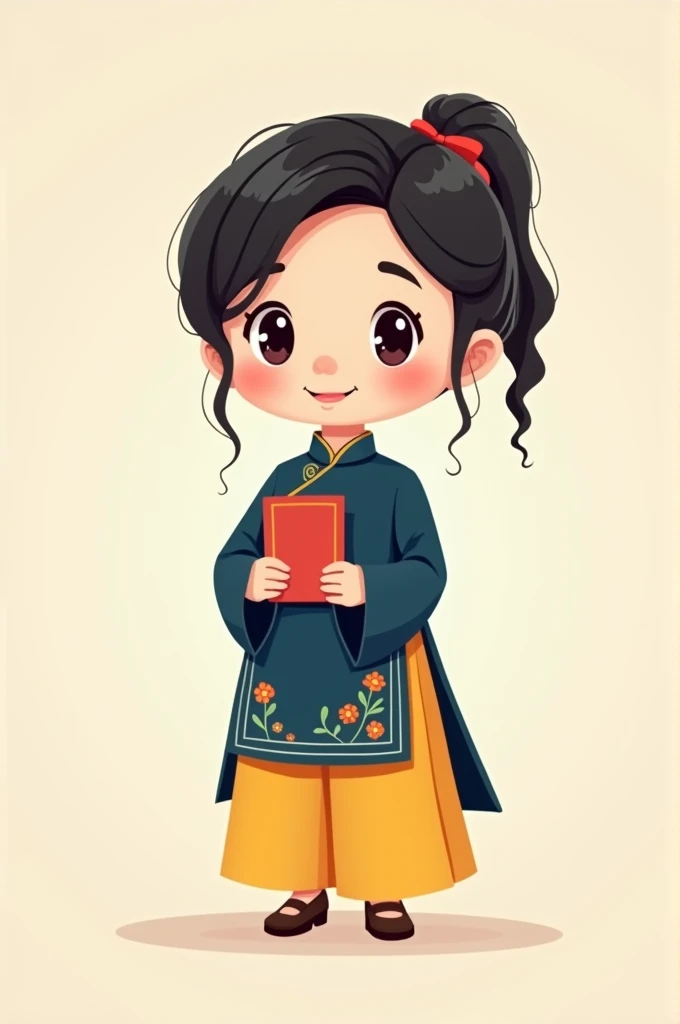 Create for me a drawing of a Vietnamese teacher wearing a dark blue ao dai and yellow pants in a chibi style.