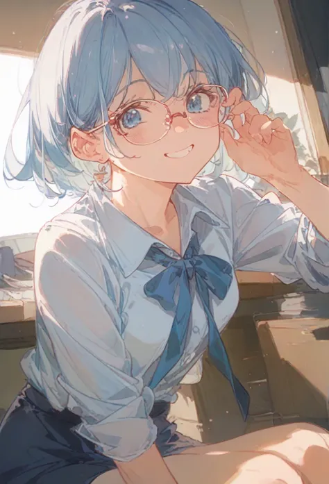 ((masterpiece、Best Quality))woman、Small breasts、cute、Idol、Light blue skirt、Light blue hair、Short Bob、Bright Blue Eyes、Blue Ribbon、smile、Red cheeks、Office Lady、Glasses、busy、secretary