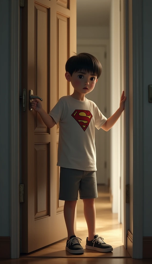 create a realistic picture. Dika, a  boy, is wearing a superhero t-shirt and gray shorts. was in front of the locked bedroom door, his face was worried and a little panicked. He tried to open the door, but failed. Behind him, the corridor of the house look...