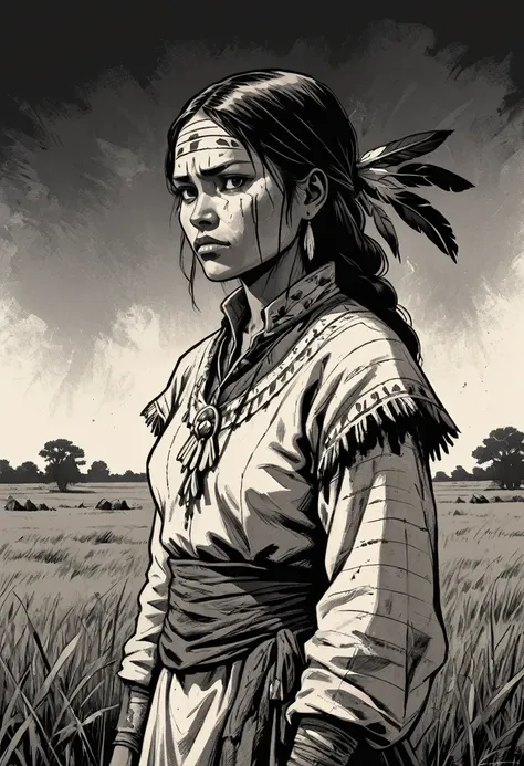 Cheyenne Woman, High contrast, Simplicity, Black and dirty white, Stark, dramatic, Graphic novel illustrations, Crosshatching, Seminole Wars, Traditional clothing, field