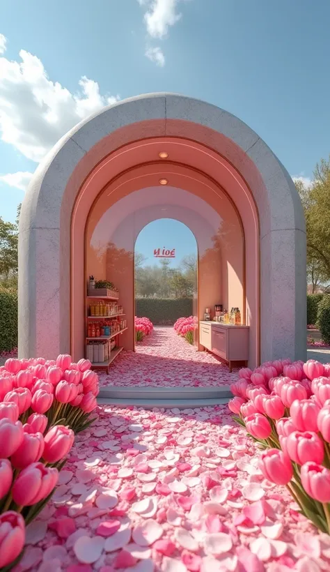 Pop-up shop made of pink tulips, concrete and glass, an arch-shaped structure with a large mirror inside. Also inside are cosmetics. It says "Prostor" on the front. Outside we see large white flowers and more tulip petals covering the whole space. Its a su...