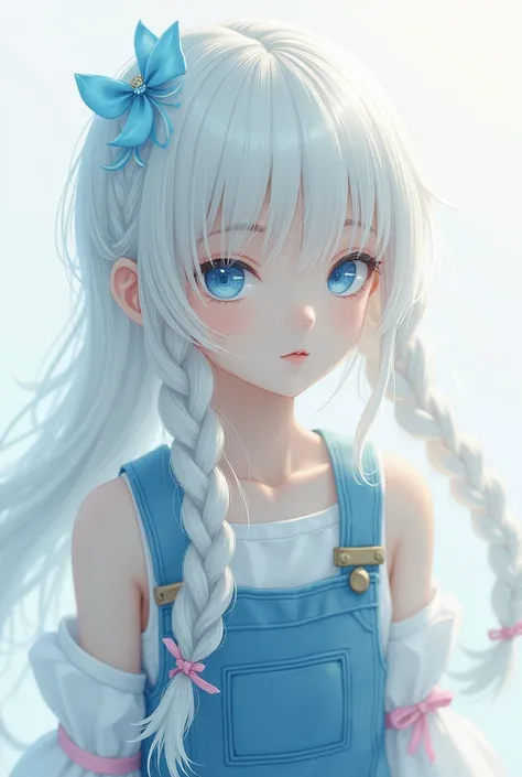 1girl, orange sleeves, white hair, white skin, light blue hair ornament, blue suspenders, blue clothes, light blue eyes, bare feet, double braids