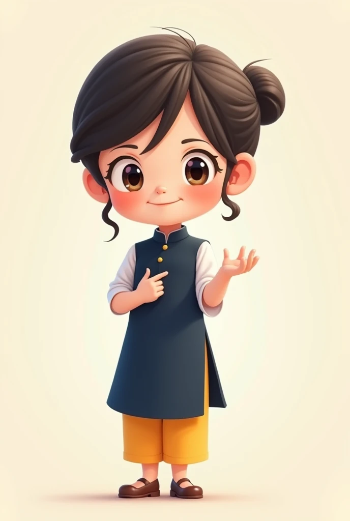 Create for me a drawing of a Vietnamese teacher wearing a plain dark blue ao dai and yellow pants in a chibi style.