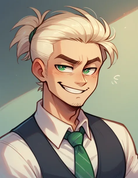 ( mlp ) ,human male , whiter tied hair  , green pupils ,smug , vest , tie