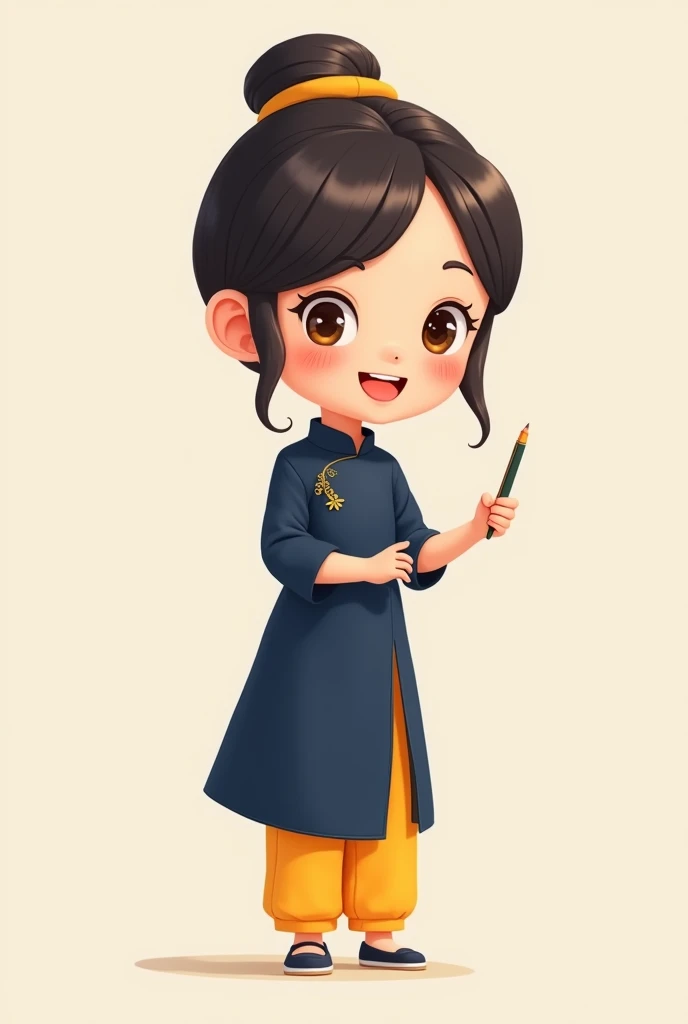 Create for me a drawing of a Vietnamese teacher wearing a plain dark blue ao dai and yellow pants in a chibi style.