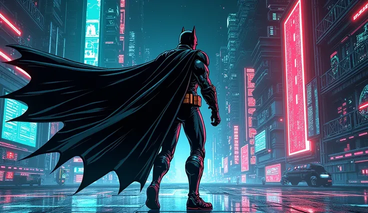 Batman connects to a virtual interface and immerses himself in a digital world, where he fights against The Algorithm directly in cyberspace.
 in comic book style 90s