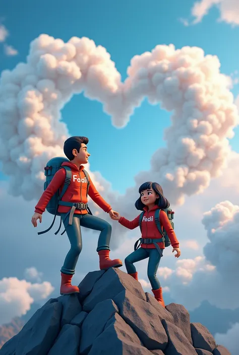 3D cartoon of an Indonesian man with straight black hair wearing a climber&#39;s outfit with the word Fadil written on it, climbing a mountain with a female partner wearing a climber&#39;s outfit with straight hair and a mountain behind the clouds forming ...