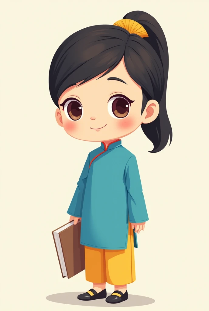 Create for me a drawing of a Vietnamese teacher wearing a plain blue ao dai and yellow pants in a chibi style.