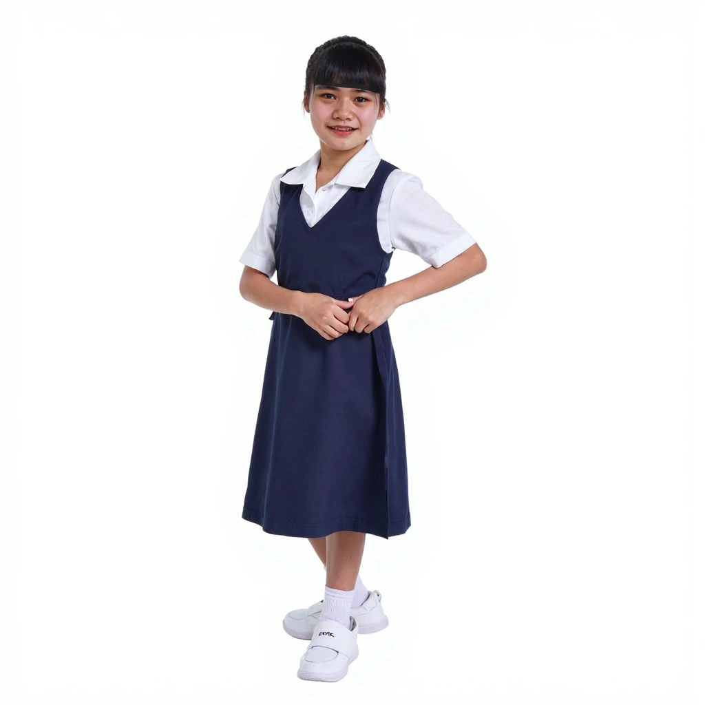 1girl with cute face and ponytail black hair, model posing, standing, wearing white shirt, pinafore length over knee, (dark blue uniform:1.2), wearing black color shoes, white background, full body, (masterpiece, top quality, best quality, official art, be...