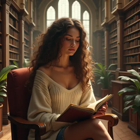 (photorealism:1.2), beautiful woman, sitting on a wooden chair, wearing a loose off-shoulder sweater, long curly hair flowing down her shoulders, reading a book in a grand university library. The library features tall wooden bookshelves filled with old lea...