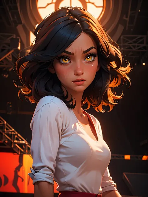 a young woman in her twenties, standing on a stage, she wears a red top, beautiful detailed yellow eyes, beautiful detailed lips, an extremely detailed face, long eyelashes, natural hair, her hair is cut short, dynamic pose, bright colors, warm lighting