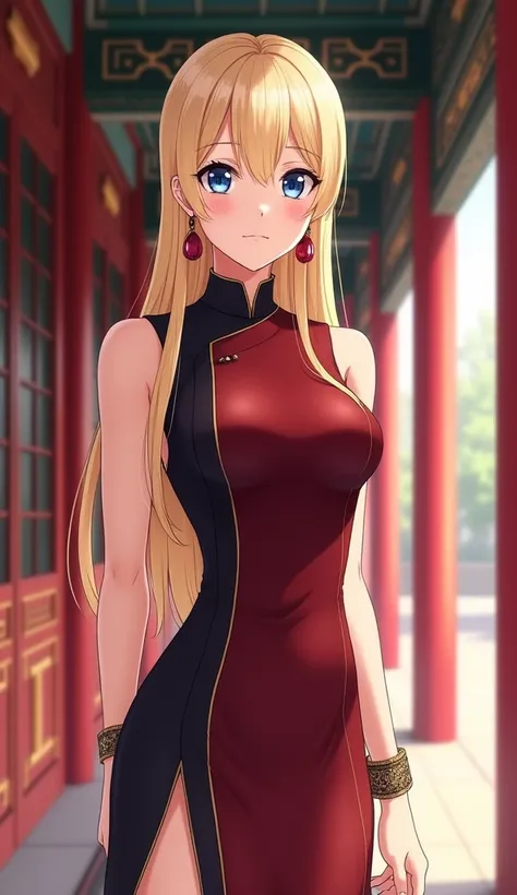 A detailed anime-style illustration of a woman in her 20s with long, straight blonde hair and striking blue eyes. She is wearing a deep garnet and black cheongsam (Chinese dress) with a high slit on the left side, standing in a traditional Chinese palace h...