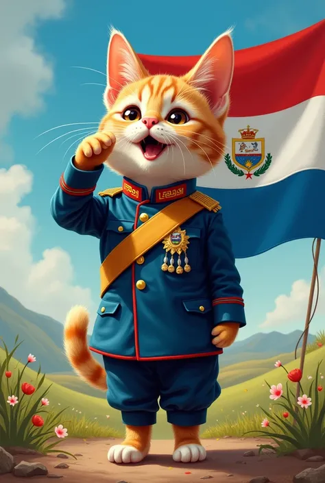 Cat singing national anthem with flag of Paraguay 