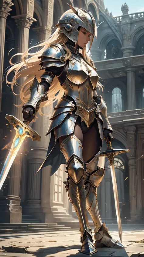 Outside the grassland、1 30-year-old female、Blonde long hair、Knight Commander、leotard、bodysuit,Put on a helmet、(Holding a sword、Claymore Great Sword),She is fighting monsters