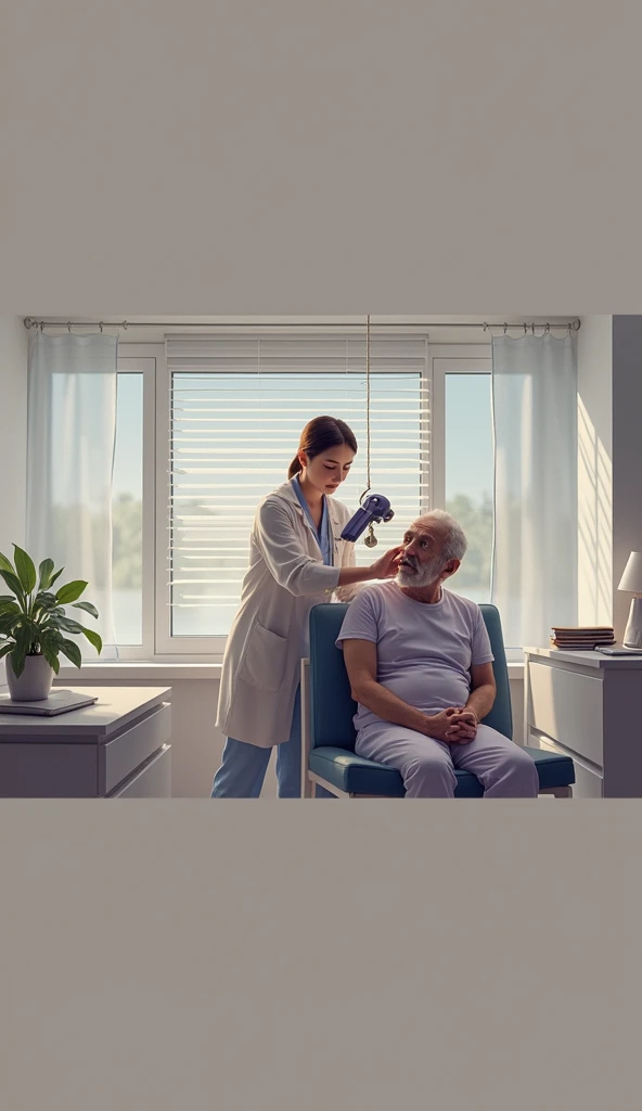 create image high quality realistic 8K.A sick person sit on the chair with thedoctor hold  magnetic healing on her head.