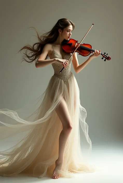 A woman wearing a beautiful dress from head to toe is playing the violin、Full body