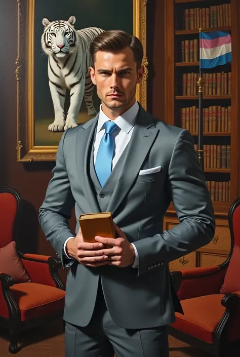 Oil painting, handsome dapper black transgendered man, wearing a grey suit with baby blue accents, posed in a relaxed confident way, serious look on face, in a very lavish library room at a mansion, he’s holding a book, there is a transgender flag on a pol...