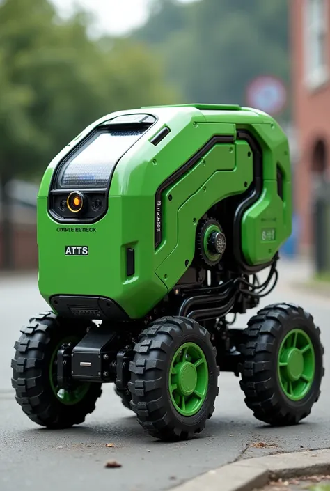 I want to draw a smart green garbage robot, with wheels suitable for rough roads, with a chip to block obstacles, and powered by solar batteries.