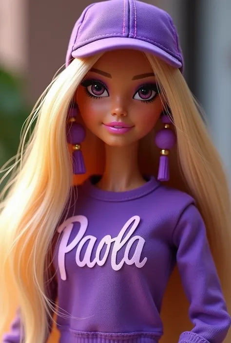 A bratz doll with beautiful long straight blonde hair and light honey colored skin , He is wearing a purple cap and a purple sweatshirt with his name on it. " Paola   " .
The doll can be seen from the navel up