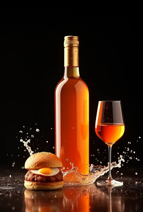 Product Design、Orange Wine、Transparent orange、Slim bottle、Splash、Gold stylish label、Black background、A floating bottle、water pattern、Vortex、Fantastic lighting、Mini hamburger next to a bottle、Two hamburgers、A small fried egg is sandwiched between the pieces...