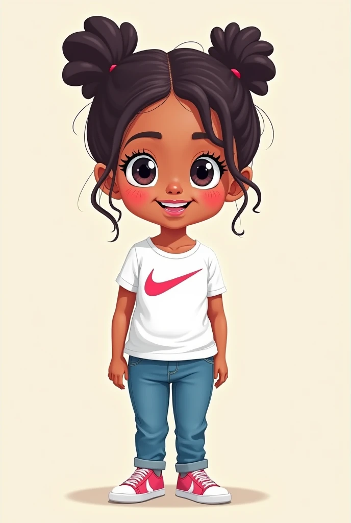 Create for me a drawing of a girl wearing a t shirt with Nike brand and jeans in chibi drawing style