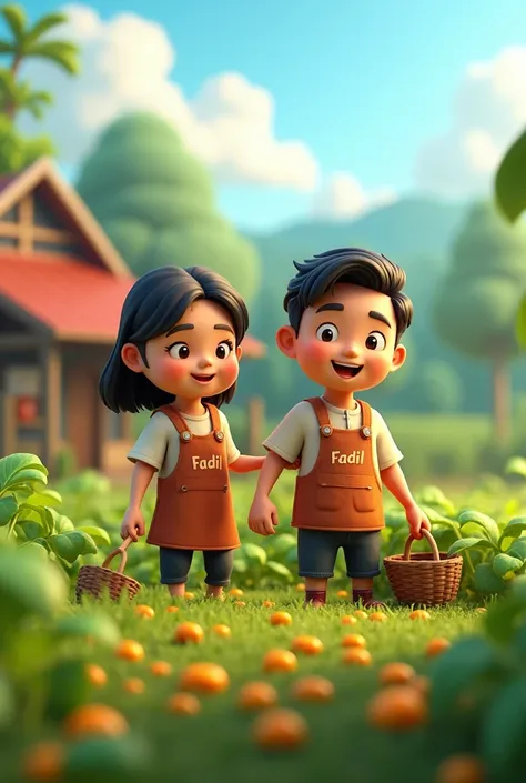 3D cartoon of an Indonesian man with straight black hair wearing a farmer&#39;s outfit with the word Fadil written on it, with a female partner with straight yellowish hair, taking care of the fields behind the house together. 