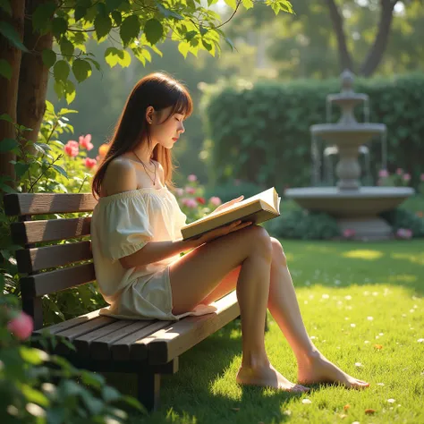 (photorealism:1.2), beautiful woman, sitting on a wooden bench in a sunlit garden, wearing a loose off-shoulder top, straight long hair, pale skin, holding a book. The garden is filled with vibrant green plants, colorful flowers, and tall trees that let be...